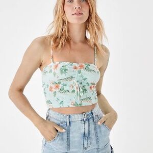 American Eagle Outfitters Floral Smocked Top - Light Blue and Orange